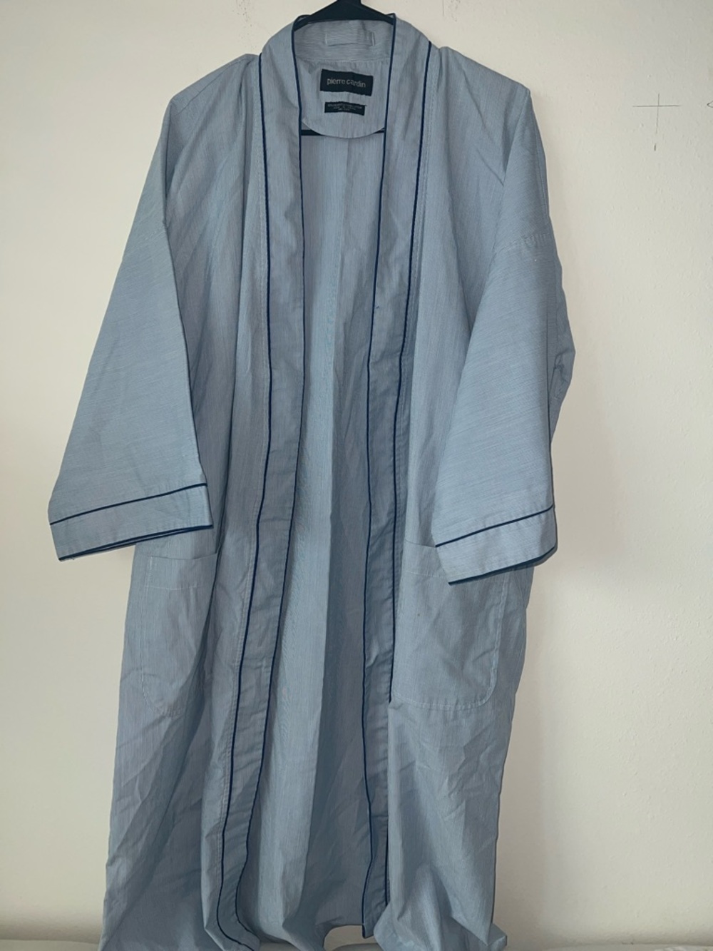 Vintage Pierre Cardin Pale Blue Cotton Robe with Navy Trim- no belt